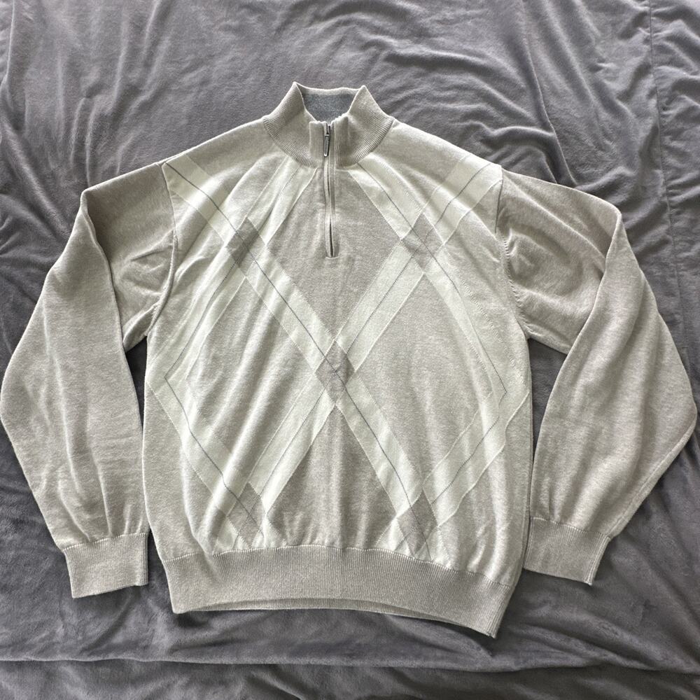 Alex Cannon Sweater Mens Large Gray Argyle 1/4 Zip Pullover Classic Preppy Golf